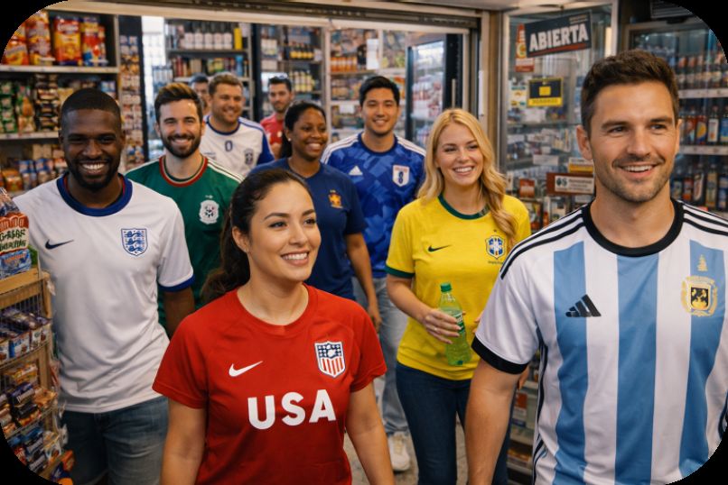 Aficionados con playeras de sus selecciones dentro de una tiendita