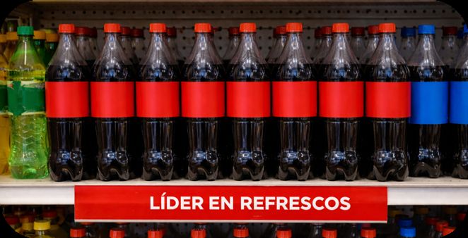 Anaquel de refrescos con la señalización Líder en refrescos