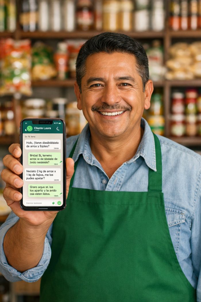 Tendero leyendo un mensaje de WhatsApp en su celular