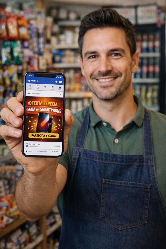 Tendero viendo un anuncio de Facebook en su celular